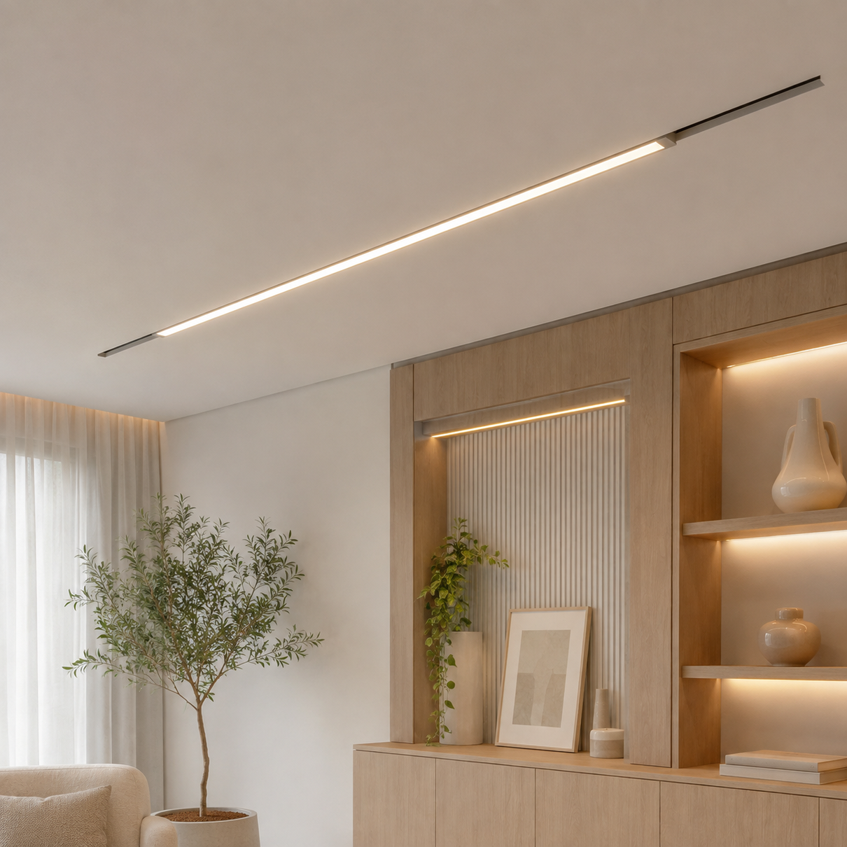 Trilho magn&eacute;tico com m&oacute;dulo linear aceso em sala moderna clara
