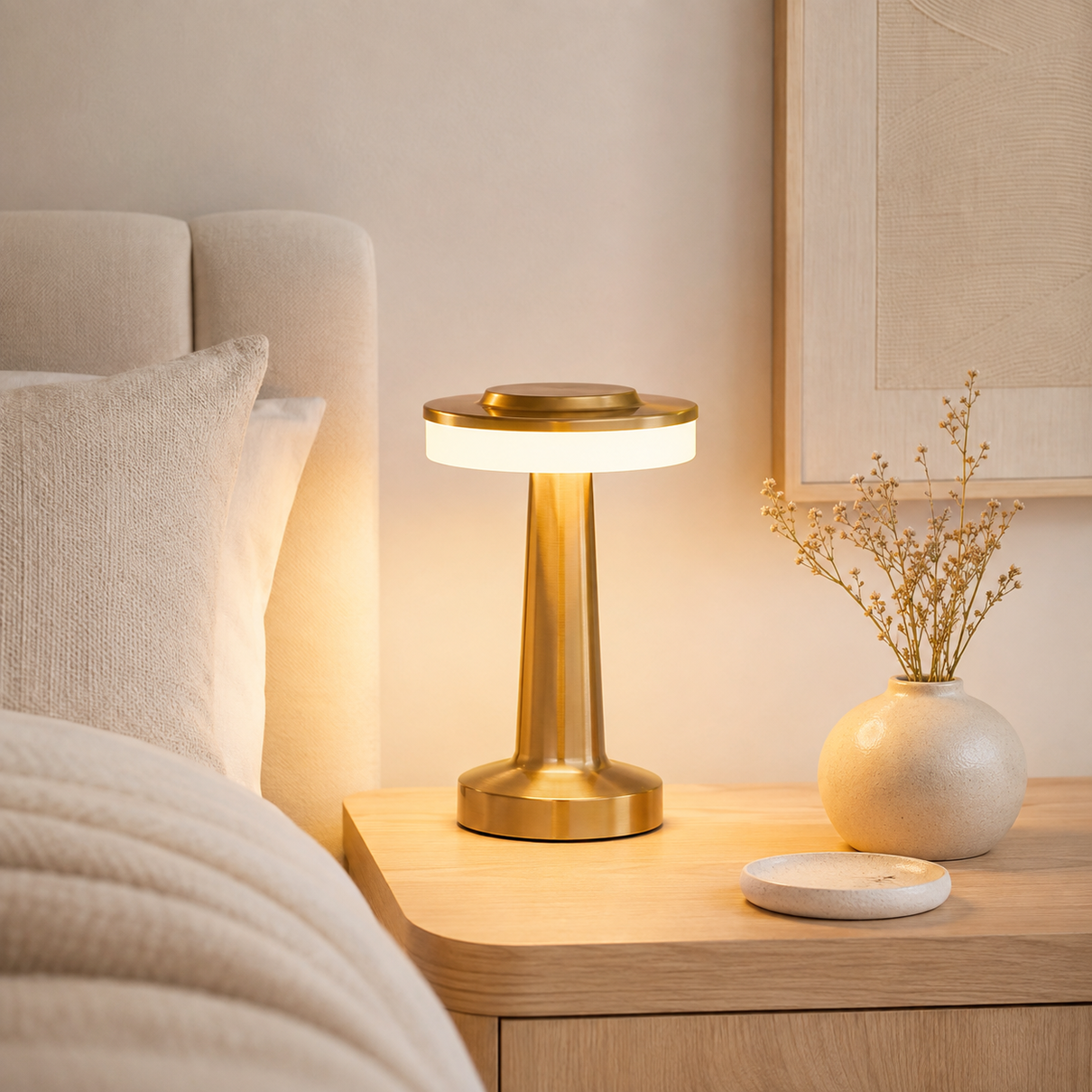 Luminária de mesa dourada Pharos acesa em ambiente claro