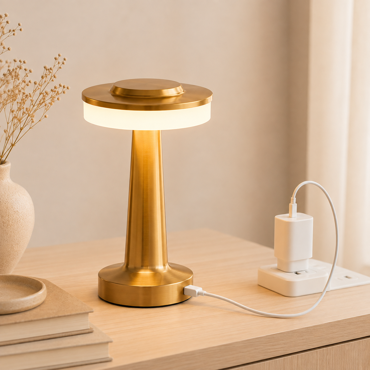 Luminária Pharos sendo carregada por cabo USB