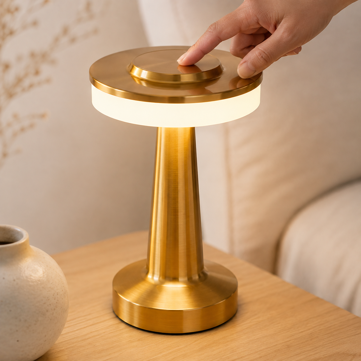 Detalhe do toque dimerizável e acabamento dourado da luminária