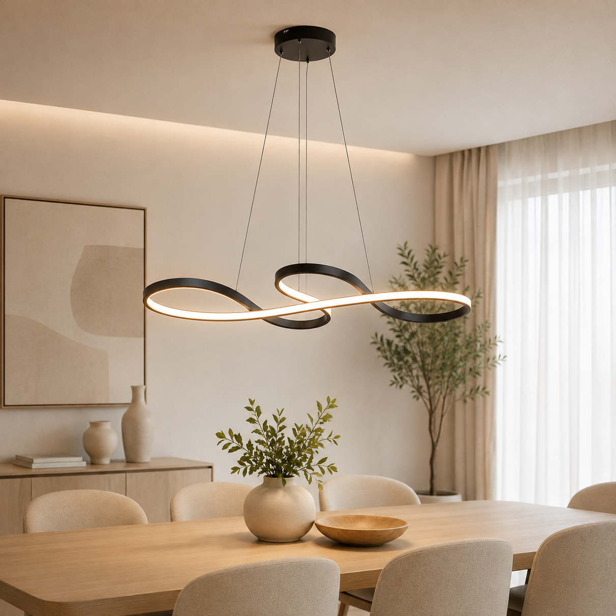 Pendente LED Strip suspenso sobre mesa de jantar em ambiente claro